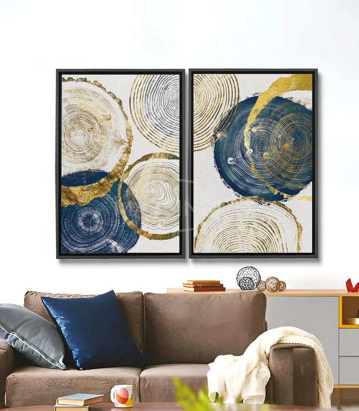 Tableau Wooden Stump diptyque abstrait — tranches bois bleu doré crème Massinart