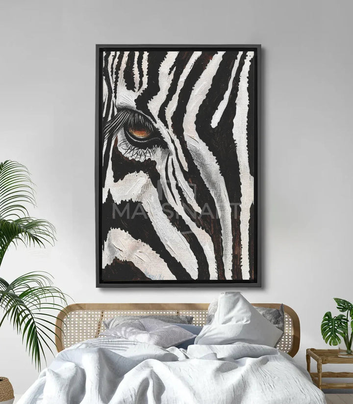 Tableau zèbre portrait vertical Massinart — tête expressionniste noir blanc avec oeil doré