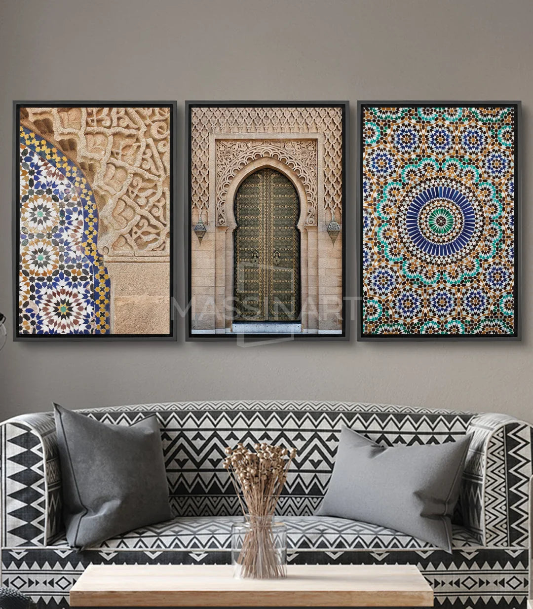 Tableau Zellej gauche motifs géométriques bleu or blanc Massinart