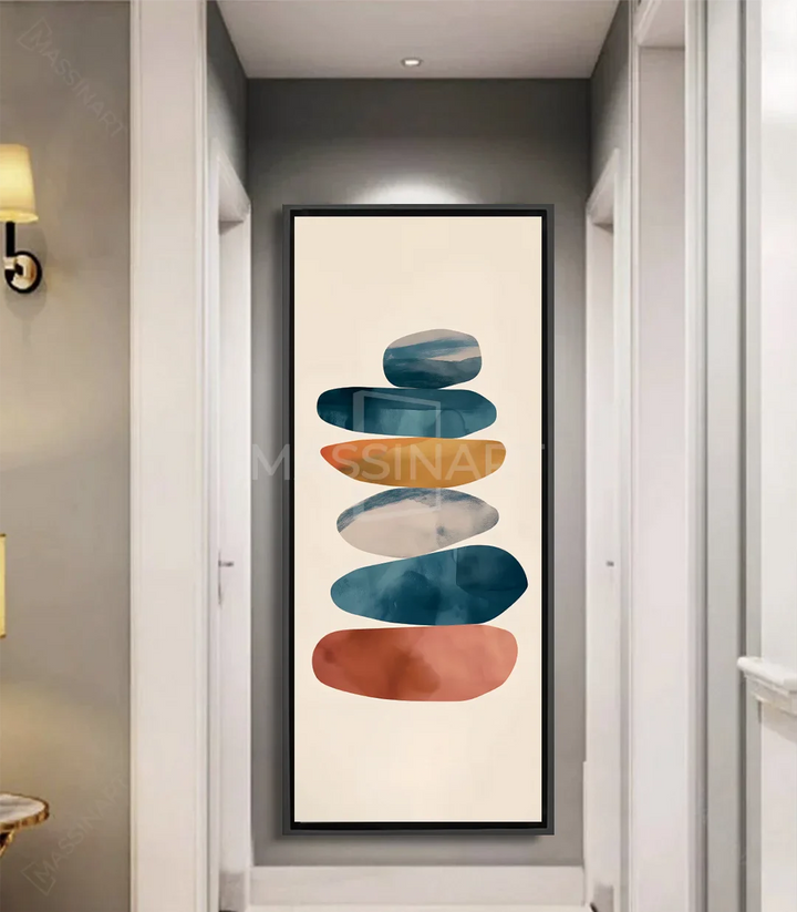 Tableau Zen Massinart — pierres empilées bleu terracotta beige sur fond crème