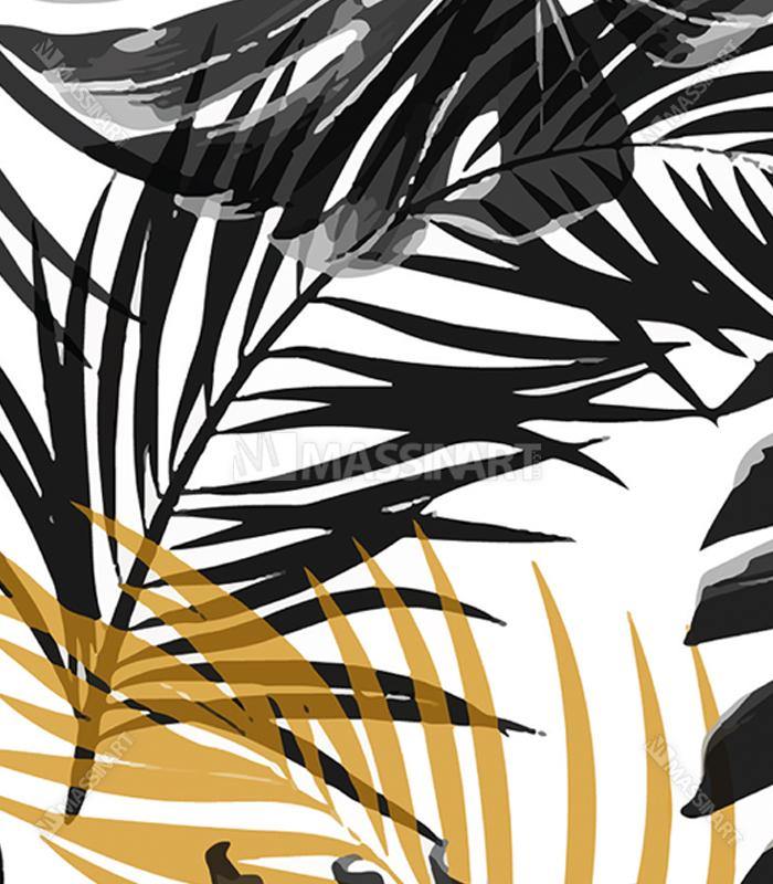 Mise en situation salon moderne avec triptyque feuilles dorees et noires au-dessus du canapé gris Massinart