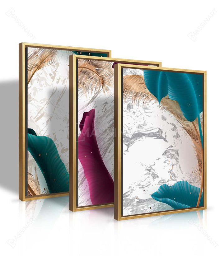 Mise en situation salon moderne — triptyque plumes colorées Massinart