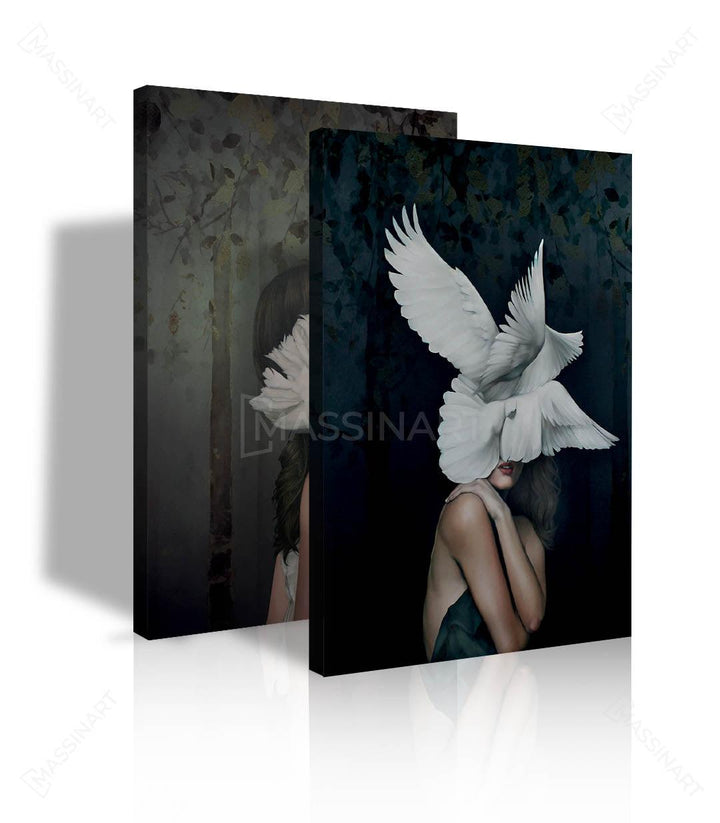 Mise en situation salon moderne, diptyque tableau oiseau Massinart