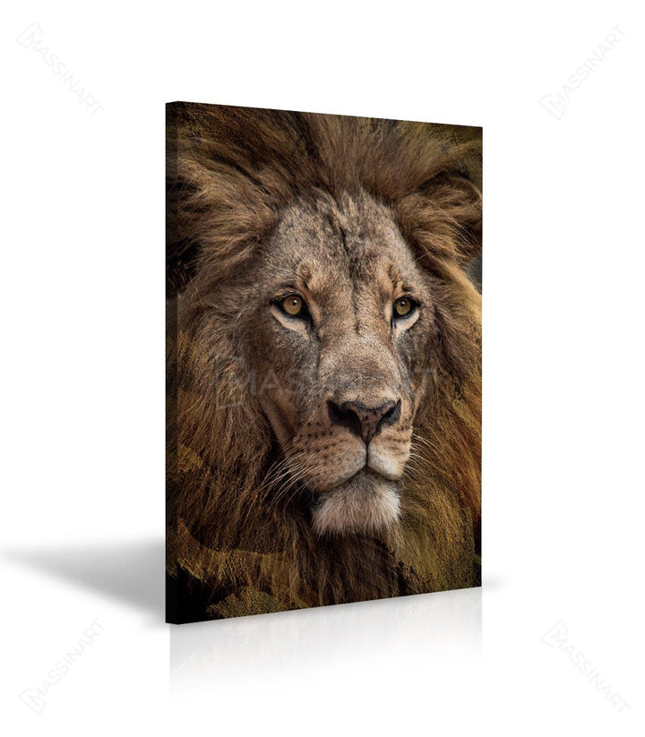 Tableau lion Massinart — simulation chambre lit blanc décoration animal