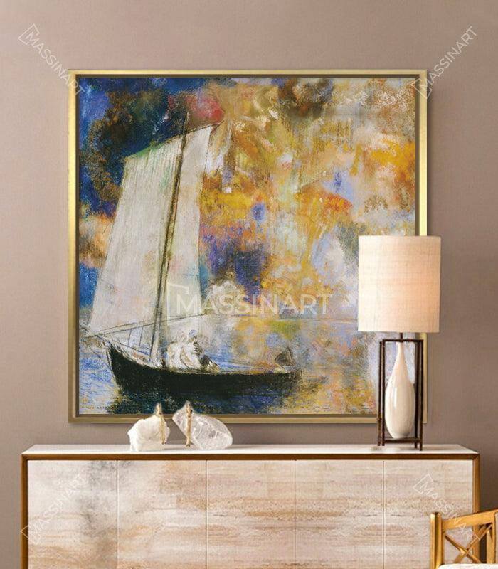 Mise en situation salon moderne — tableau marine carré au-dessus de buffet bois clair Massinart