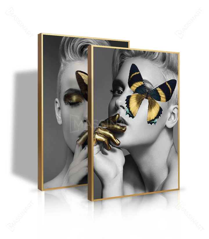 Tableau Fashion doré Massinart — diptyque portrait femme, mise en situation salon moderne gris
