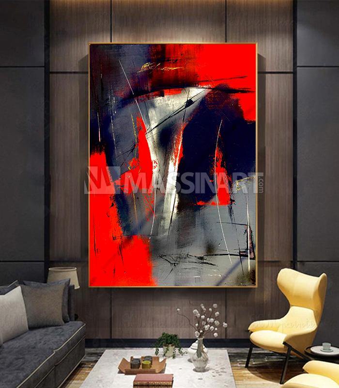 Red and grey modern abstract- encadrement cache clous doré - Massinart.ma  décoration murale au Maroc