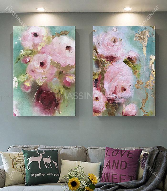 Roses and Gold Leaves Painiting - Tableaux décoratifs modernes - Massinart.ma  décoration murale au Maroc