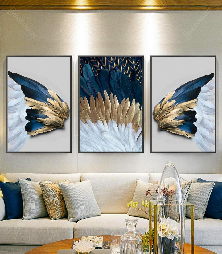 Tableau aile d'ange centrale plumes bleu blanc doré Massinart