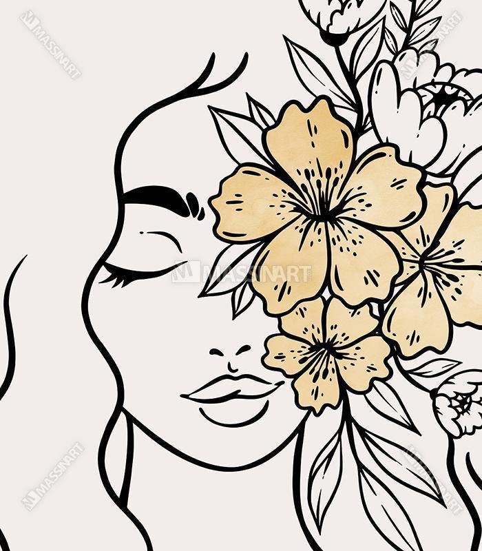 Tableau visage expressif fleur beige mise en situation canapé Massinart