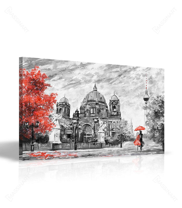 Tableau ville Berlin parapluie rouge noir blanc Massinart