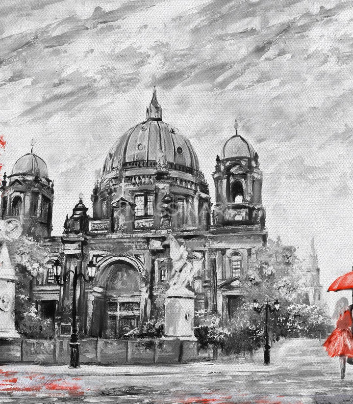 Tableau couple parapluie rouge Massinart — emballage livraison prêt à accrocher