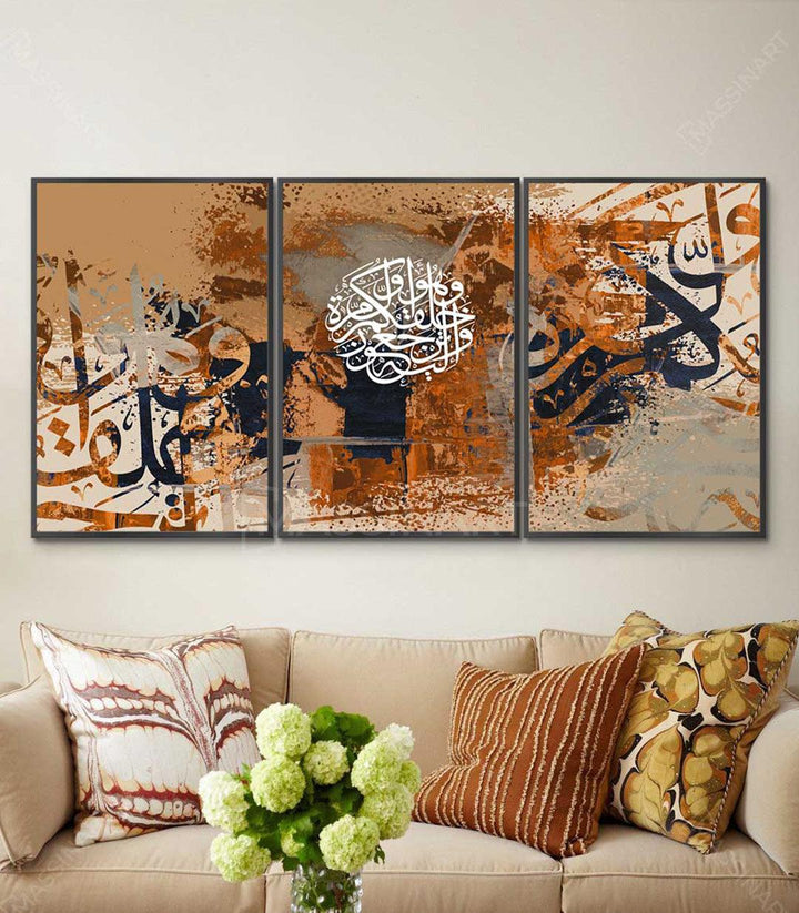 Mise en situation salon moderne triptyque calligraphie arabe Massinart