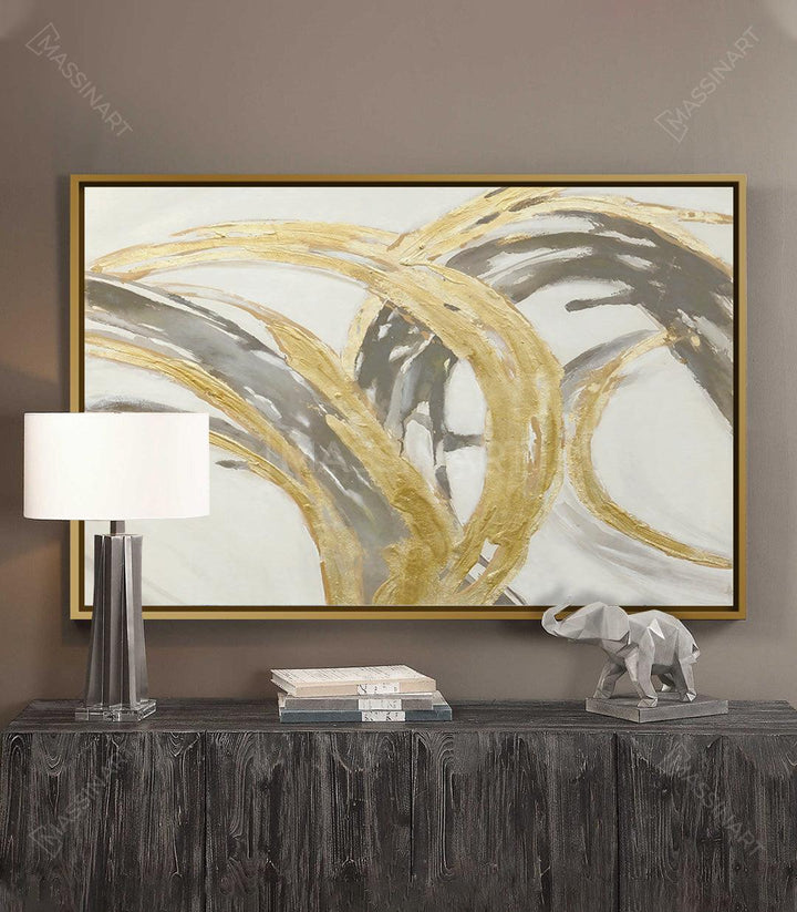 Mise en situation salon moderne : Tableau Dreams abstrait horizontal au-dessus d'une console en bois Massinart
