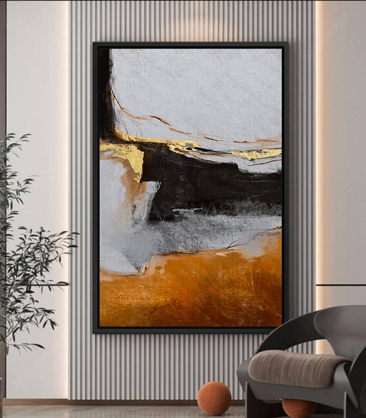 Mise en situation salon moderne avec tableau abstrait Gilded Horizon — Massinart