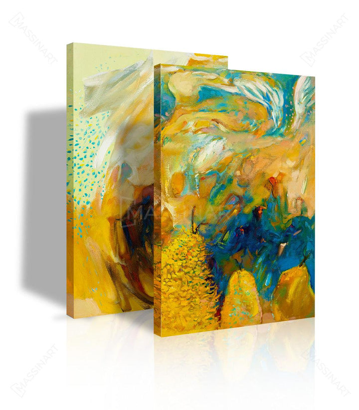 Tableau expressionniste jaune turquoise mise en situation salon Massinart