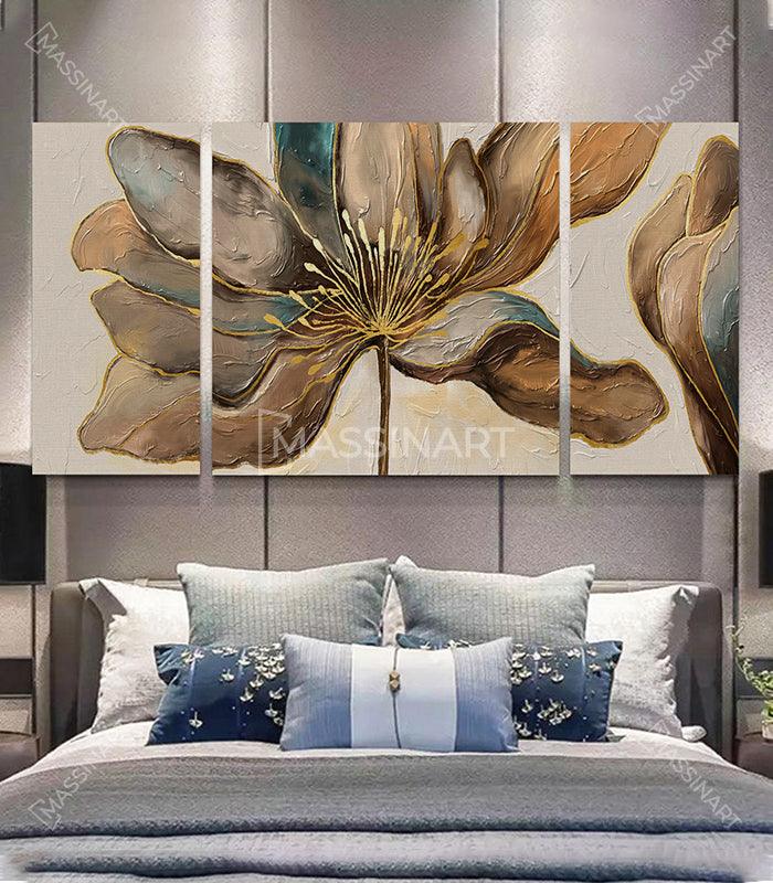 Mise en situation salon moderne avec triptyque fleur feuillage Massinart