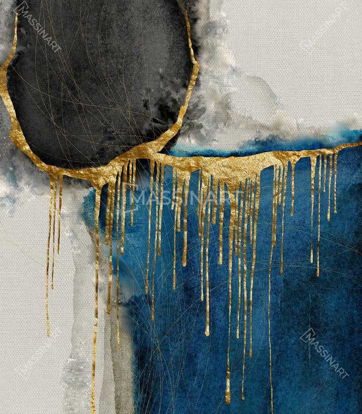 Décoration intérieur salon Massinart — ensemble triptyque abstrait coordonné avec coussins bleu