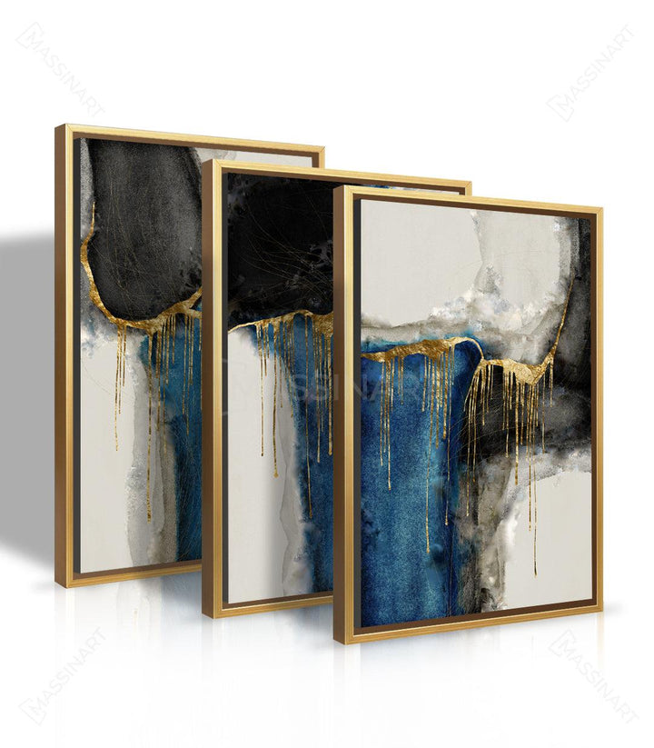 Détail central triptyque abstrait Massinart — composition bleu profond et or sur fond blanc