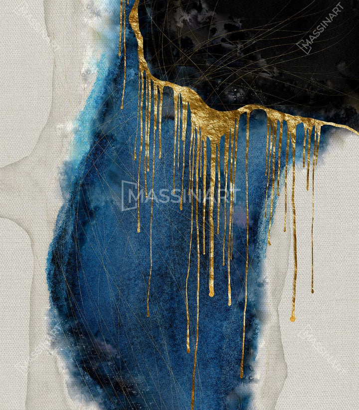 Tableau abstrait triptyque Massinart — ensemble trois cadres bois naturel avec dripping doré