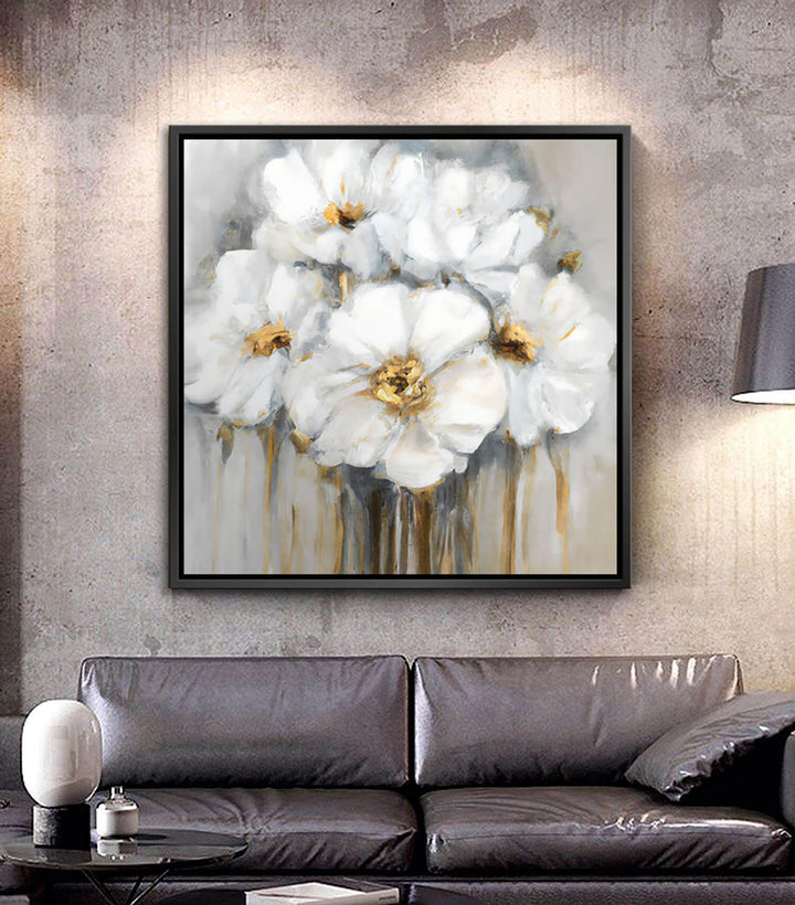 Mise en situation salon moderne avec tableau fleurs blanches Massinart