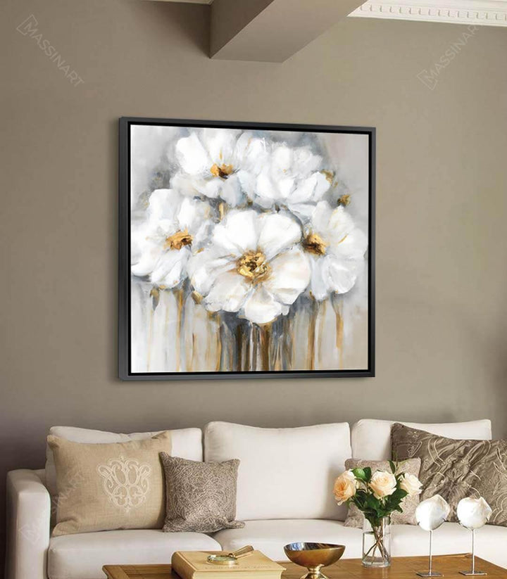 Tableau fleurs blanches cadre doré mise en situation canapé Massinart