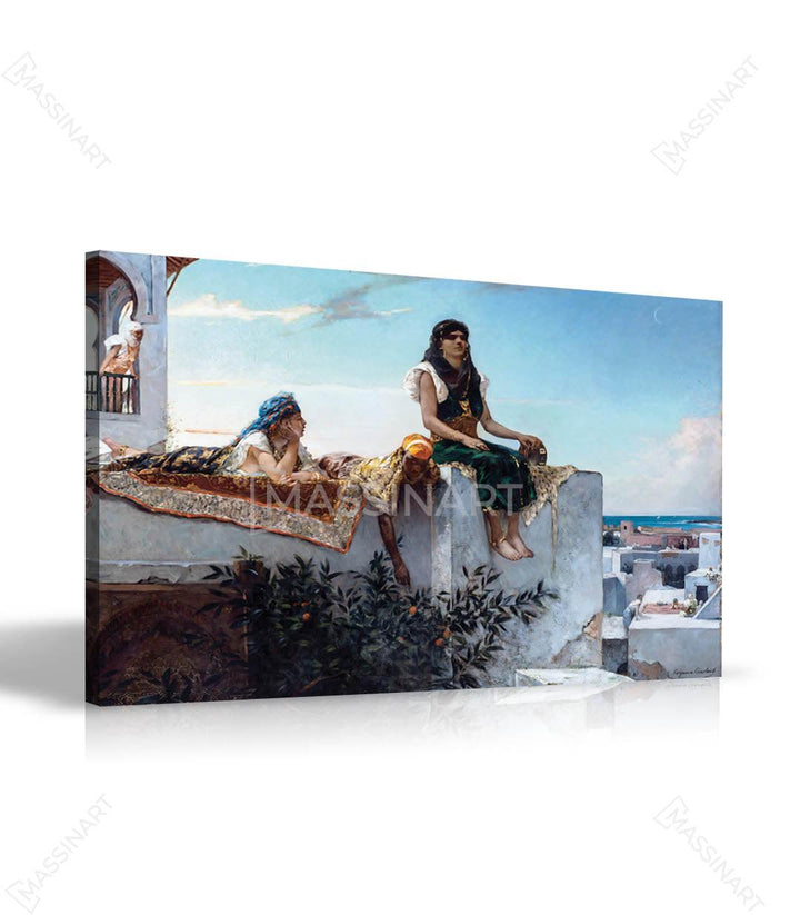 Mise en situation salon moderne : Tableau Terrasses au Maroc ambiance orientale - Massinart