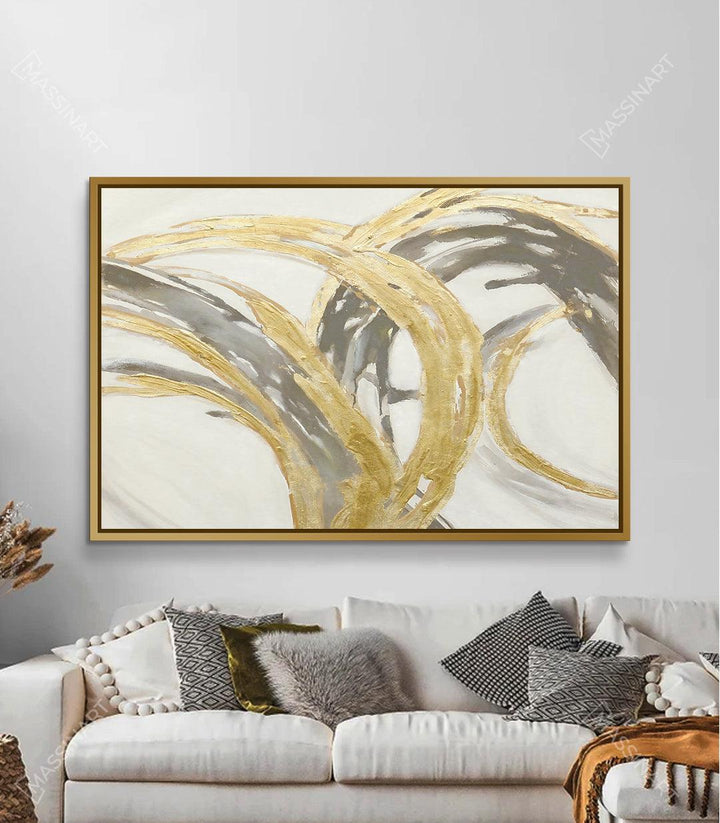 Tableau Dreams art abstrait formes organiques dorées et grises, mise en ambiance salon Massinart
