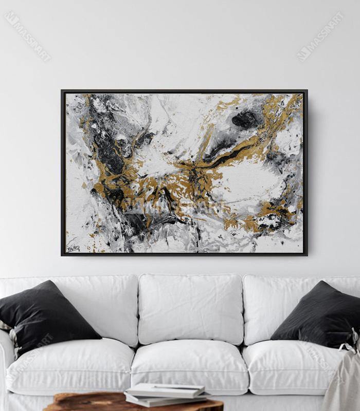 Mise en situation salon moderne — Tableau abstrait Gold Splash au mur — Massinart