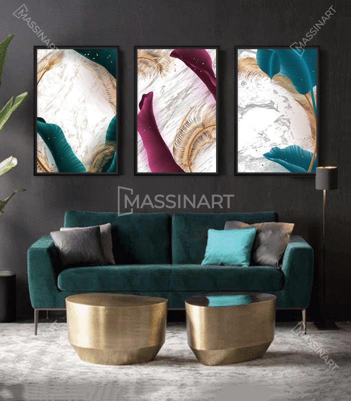 Tableau plumes colorées abstrait — variante bordeaux et turquoise Massinart